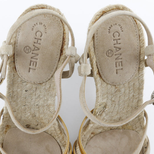 CHANEL Sandals Suede, Patent Leather beige Wedge sole COCO Mark charm Women 34 Used Authentic