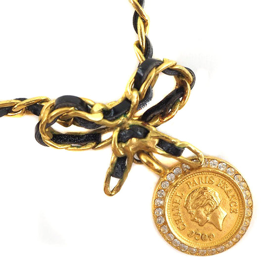CHANEL Necklace Plated Gold, Rhinestones gold choker vintage coin ribbon Women Used Authentic