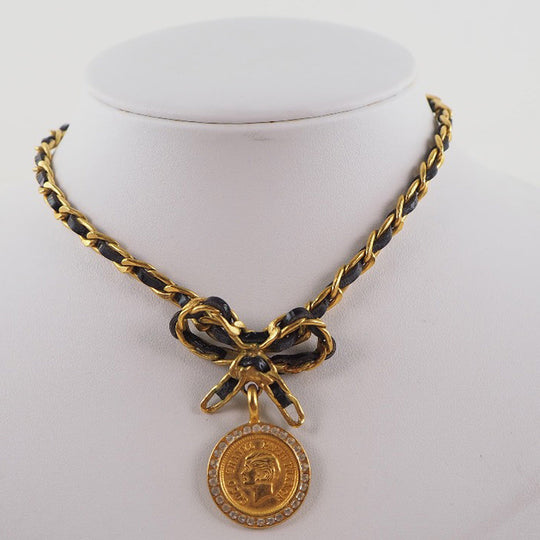 CHANEL Necklace Plated Gold, Rhinestones gold choker vintage coin ribbon Women Used Authentic