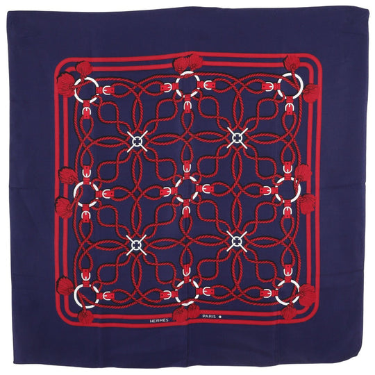 HERMES scarf silk Navy blue / red Rope Pattern Carre Women Used Authentic
