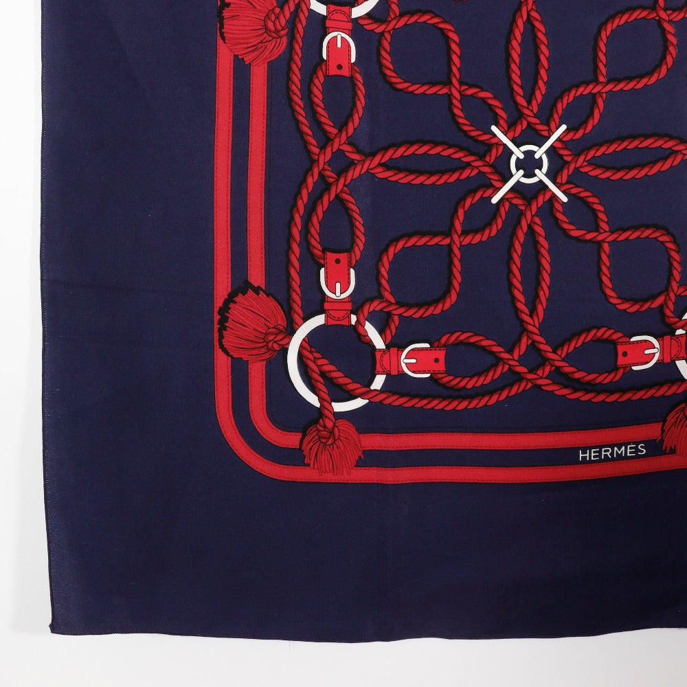 HERMES scarf silk Navy blue / red Rope Pattern Carre Women Used Authentic