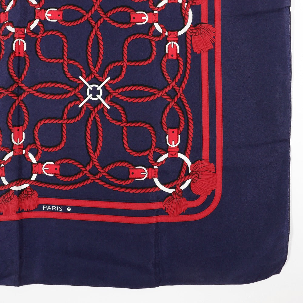 HERMES scarf silk Navy blue / red Rope Pattern Carre Women Used Authentic