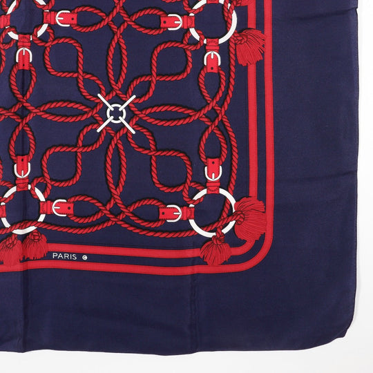 HERMES scarf silk Navy blue / red Rope Pattern Carre Women Used Authentic