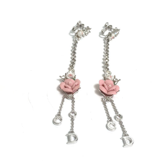 Dior Earring metal Silver flower rose crystal Women Used Authentic