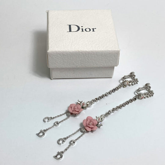 Dior Earring metal Silver flower rose crystal Women Used Authentic