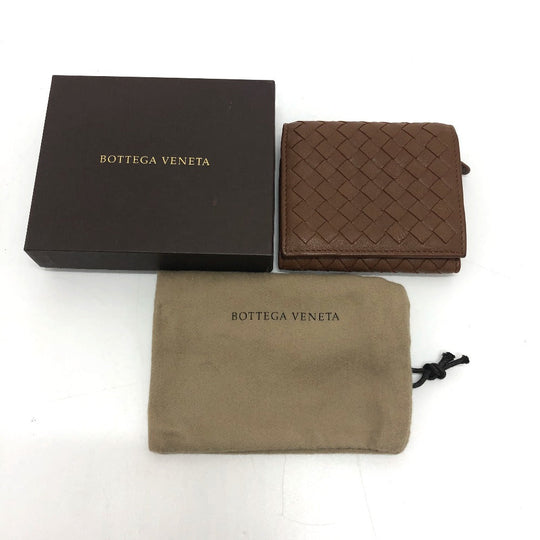 BOTTEGAVENETA Trifold wallet leather Brown INTRECCIATO Compact wallet Women Used Authentic