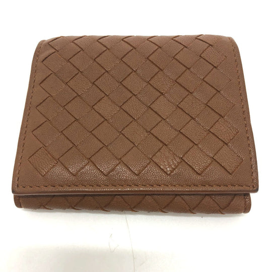 BOTTEGAVENETA Trifold wallet leather Brown INTRECCIATO Compact wallet Women Used Authentic