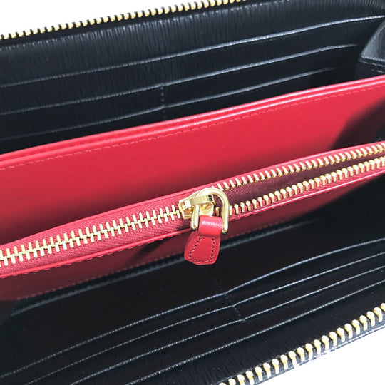 PRADA Long Wallet Purse 1ML506 leather Black x Gold Metal Heart Pattern With logo Zip Around Women Used Authentic