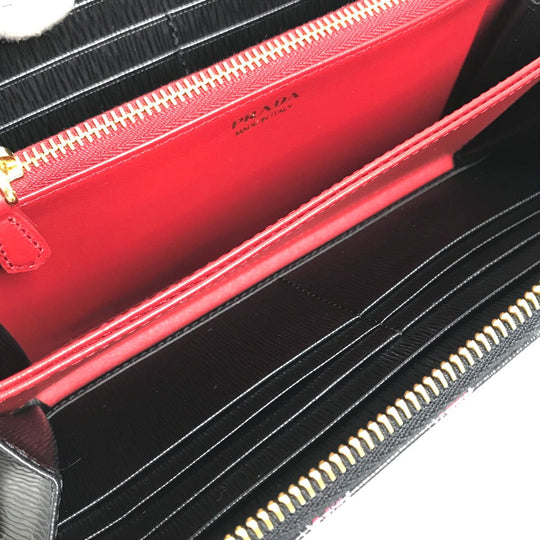 PRADA Long Wallet Purse 1ML506 leather Black x Gold Metal Heart Pattern With logo Zip Around Women Used Authentic