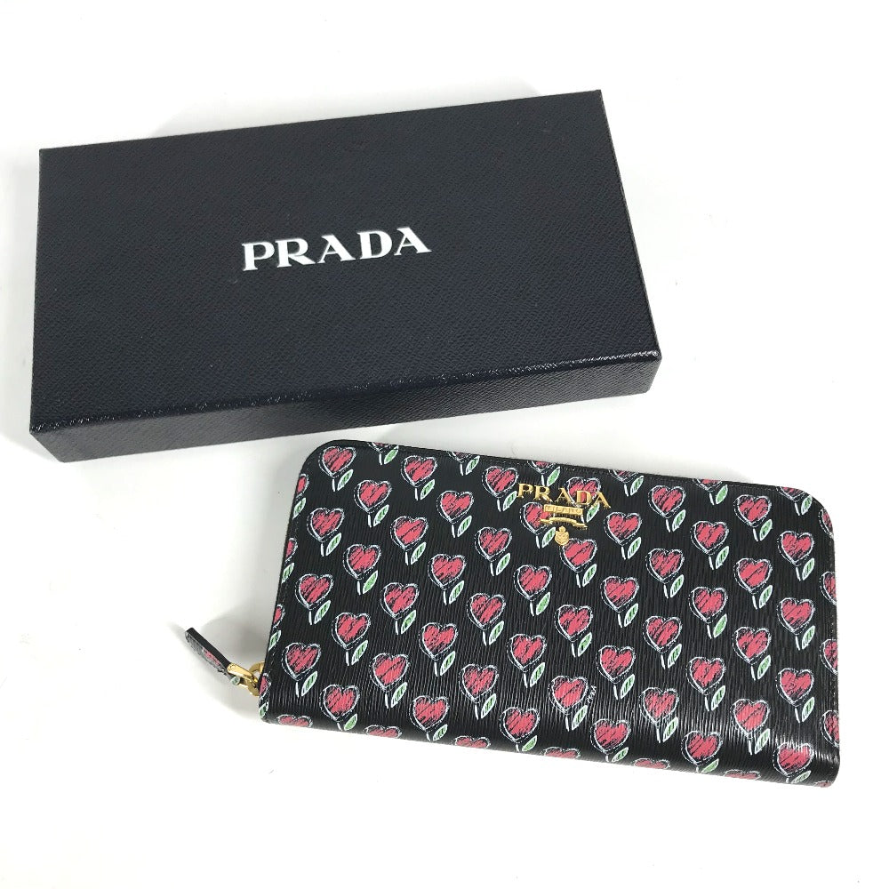 PRADA Long Wallet Purse 1ML506 leather Black x Gold Metal Heart Pattern With logo Zip Around Women Used Authentic