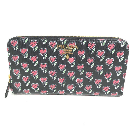 PRADA Long Wallet Purse 1ML506 leather Black x Gold Metal Heart Pattern With logo Zip Around Women Used Authentic