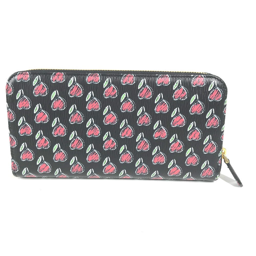 PRADA Long Wallet Purse 1ML506 leather Black x Gold Metal Heart Pattern With logo Zip Around Women Used Authentic