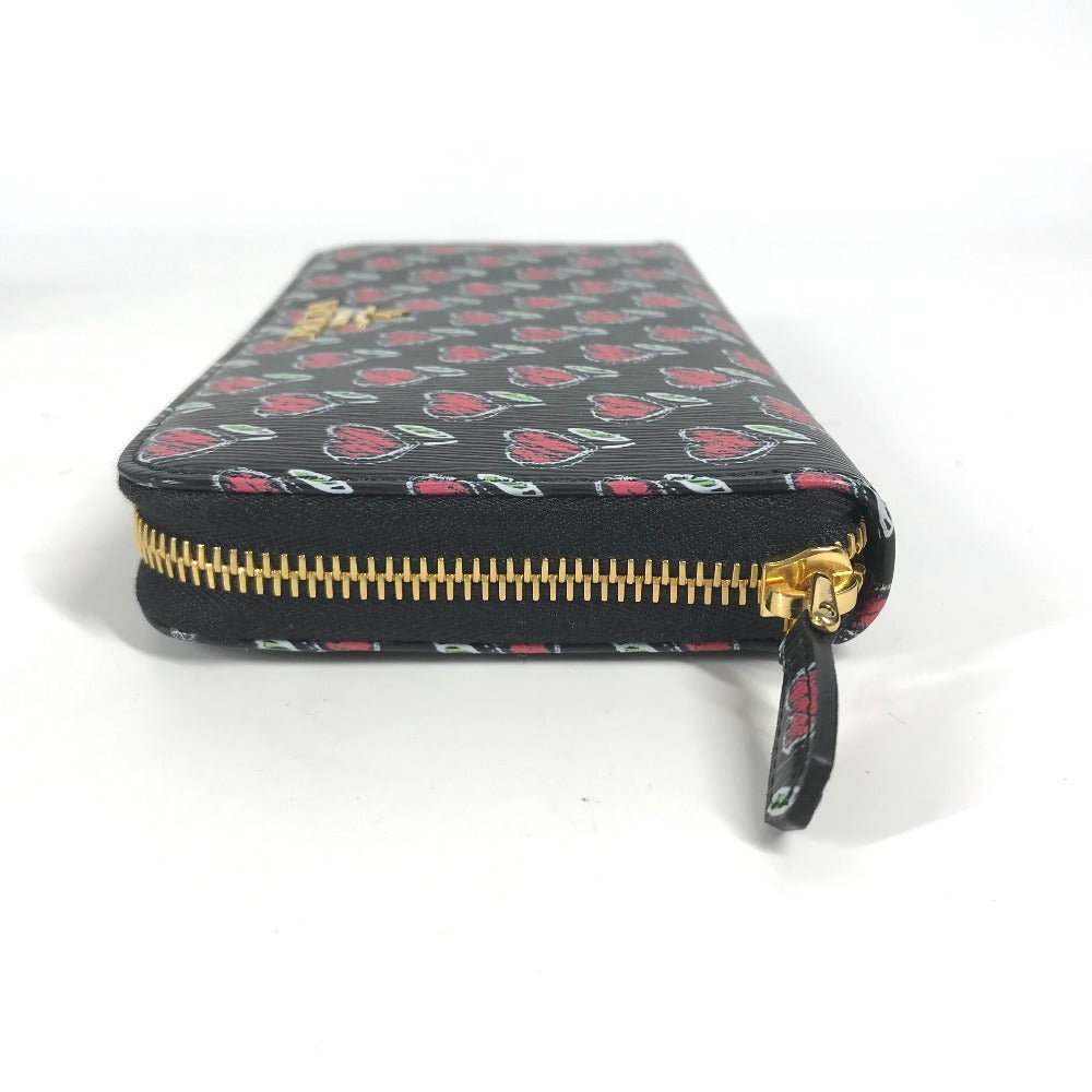 PRADA Long Wallet Purse 1ML506 leather Black x Gold Metal Heart Pattern With logo Zip Around Women Used Authentic