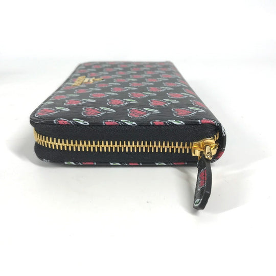 PRADA Long Wallet Purse 1ML506 leather Black x Gold Metal Heart Pattern With logo Zip Around Women Used Authentic