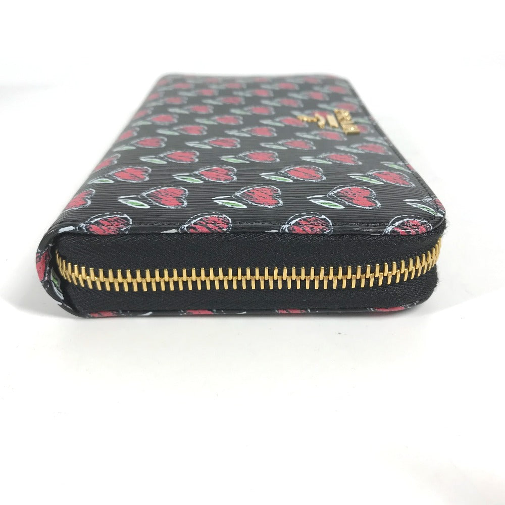 PRADA Long Wallet Purse 1ML506 leather Black x Gold Metal Heart Pattern With logo Zip Around Women Used Authentic