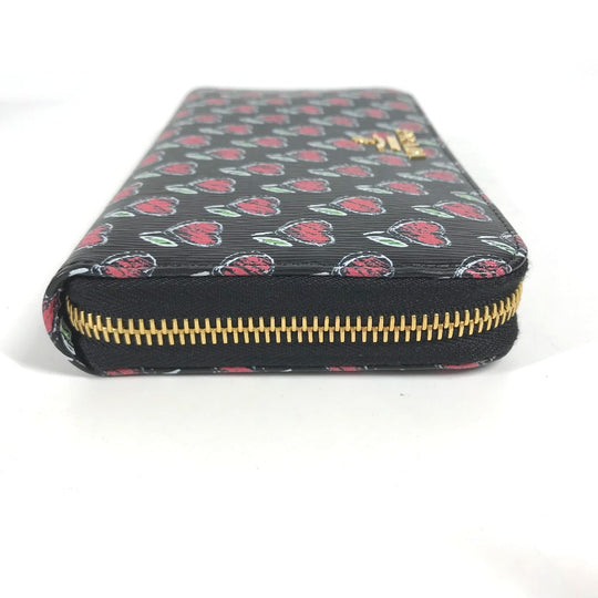 PRADA Long Wallet Purse 1ML506 leather Black x Gold Metal Heart Pattern With logo Zip Around Women Used Authentic