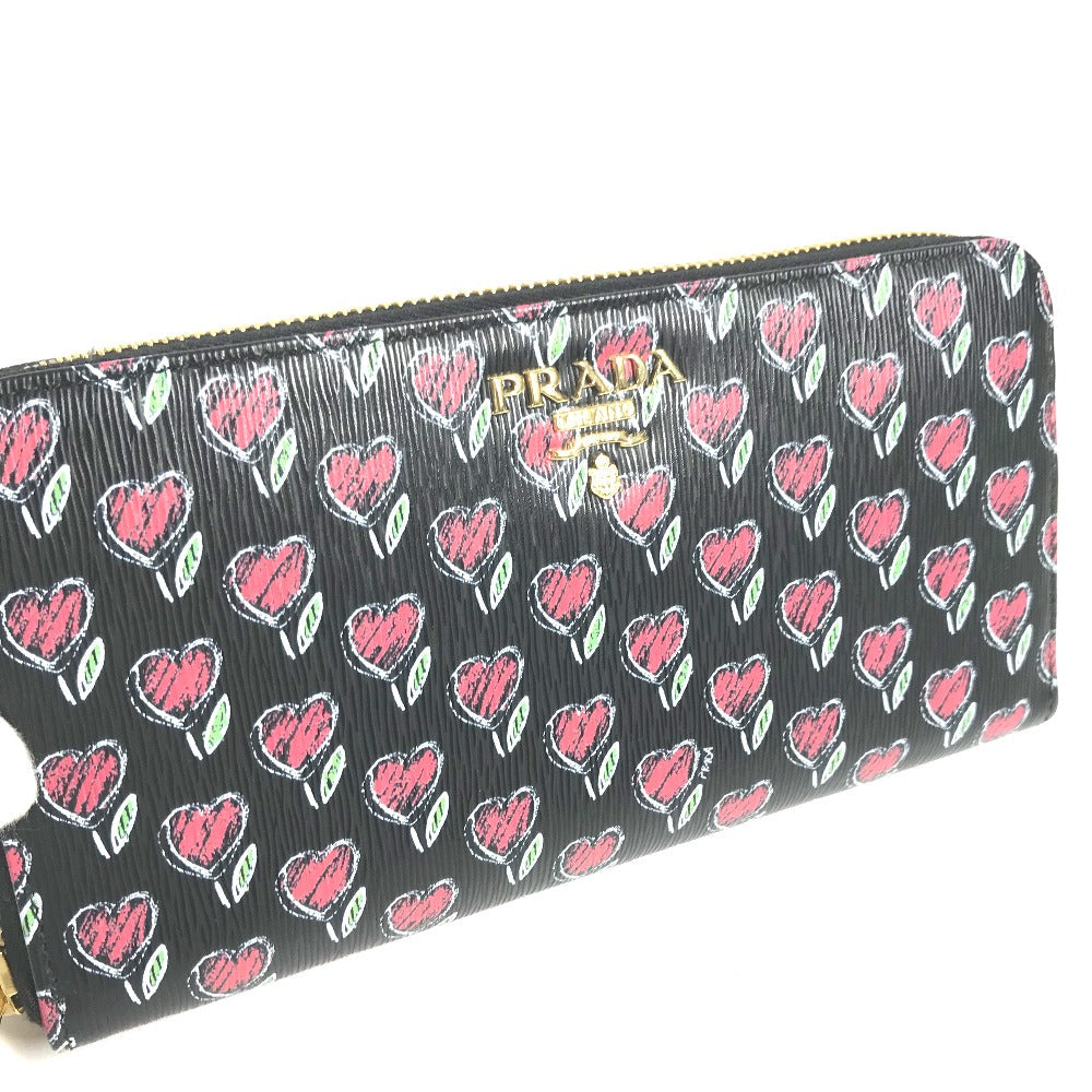 PRADA Long Wallet Purse 1ML506 leather Black x Gold Metal Heart Pattern With logo Zip Around Women Used Authentic