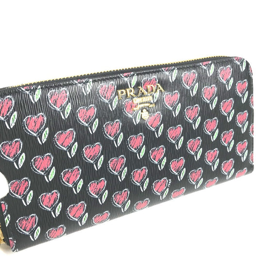 PRADA Long Wallet Purse 1ML506 leather Black x Gold Metal Heart Pattern With logo Zip Around Women Used Authentic