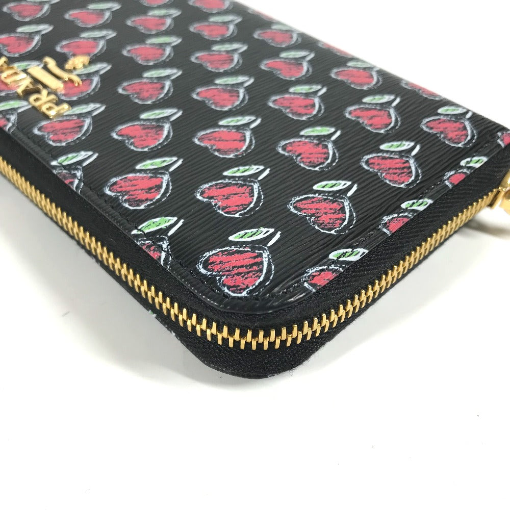 PRADA Long Wallet Purse 1ML506 leather Black x Gold Metal Heart Pattern With logo Zip Around Women Used Authentic