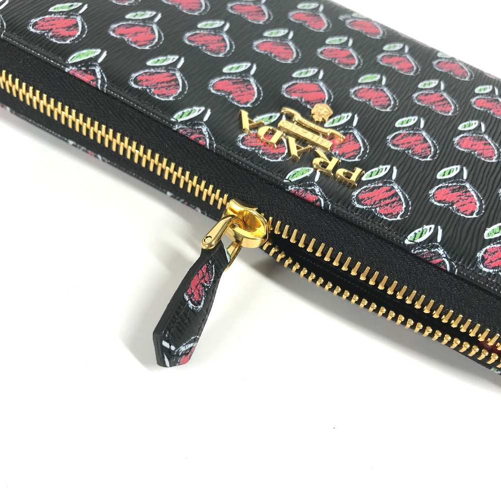 PRADA Long Wallet Purse 1ML506 leather Black x Gold Metal Heart Pattern With logo Zip Around Women Used Authentic