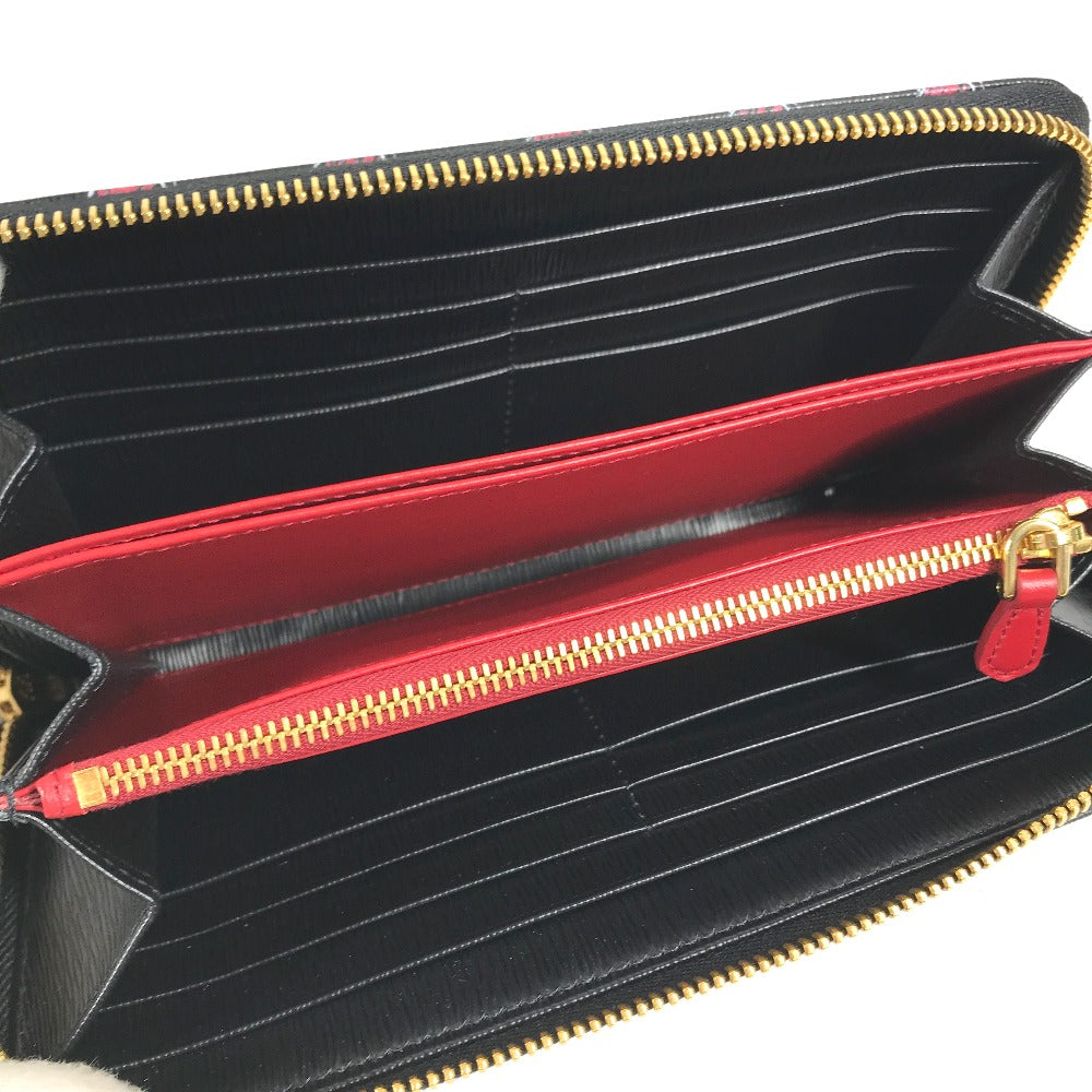 PRADA Long Wallet Purse 1ML506 leather Black x Gold Metal Heart Pattern With logo Zip Around Women Used Authentic