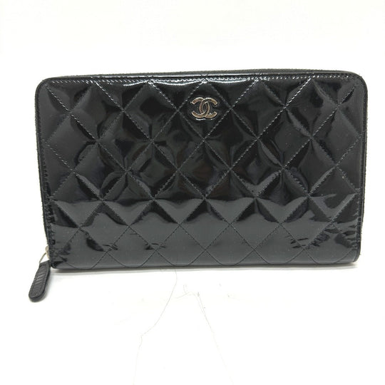 CHANEL Long Wallet Purse Patent calf leather black Matrasse Women Used Authentic