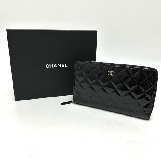 CHANEL Long Wallet Purse Patent calf leather black Matrasse Women Used Authentic