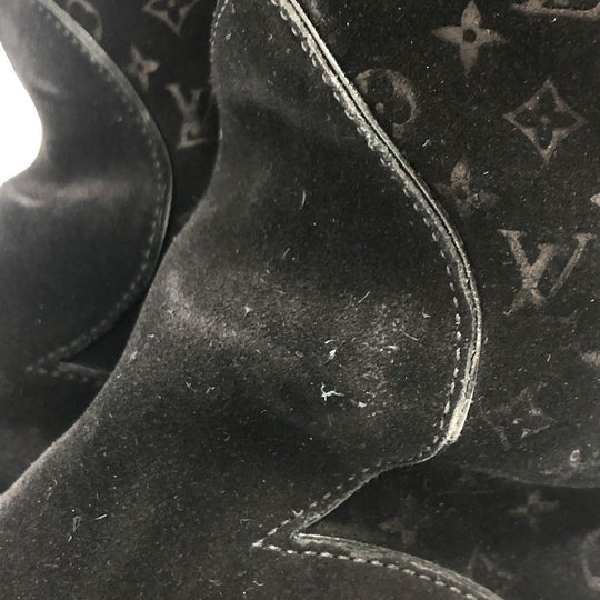 LOUIS VUITTON boots Mouton, Suede black LV logo flower embossed fur boa Women 36 Used Authentic