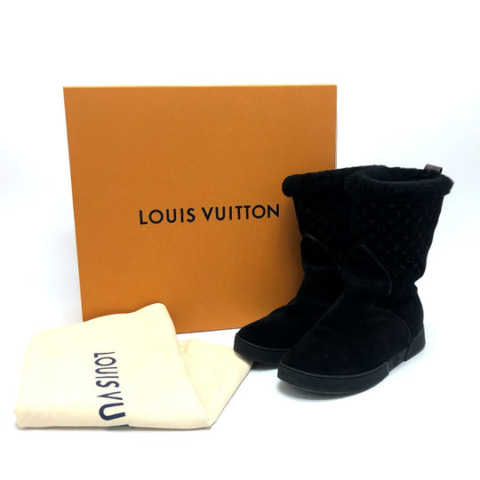 LOUIS VUITTON boots Mouton, Suede black LV logo flower embossed fur boa Women 36 Used Authentic