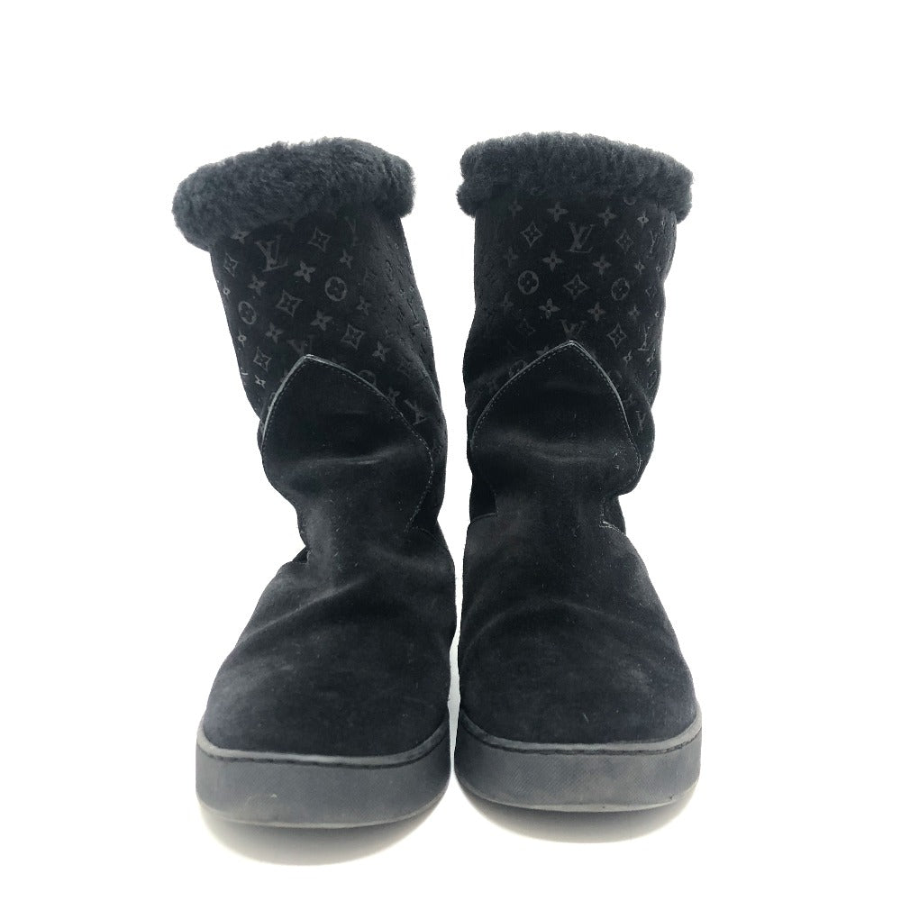 LOUIS VUITTON boots Mouton, Suede black LV logo flower embossed fur boa Women 36 Used Authentic