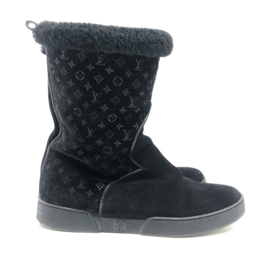 LOUIS VUITTON boots Mouton, Suede black LV logo flower embossed fur boa Women 36 Used Authentic