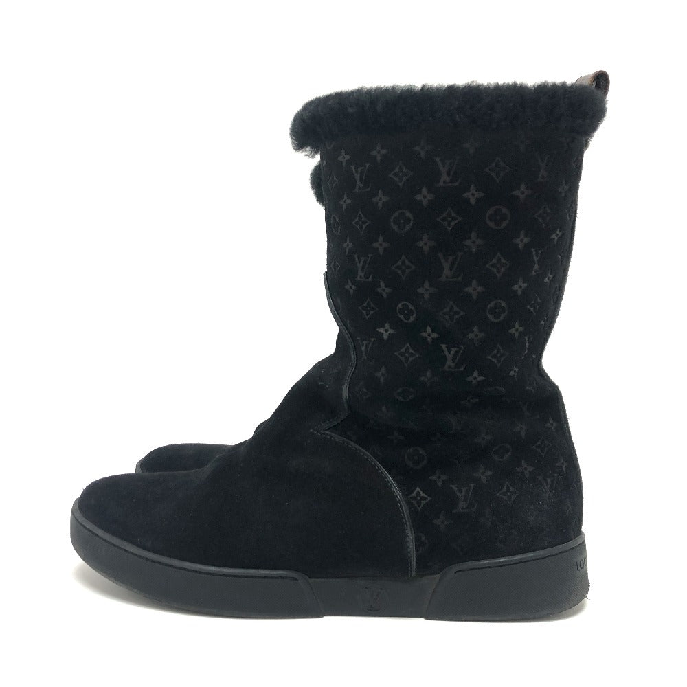 LOUIS VUITTON boots Mouton, Suede black LV logo flower embossed fur boa Women 36 Used Authentic