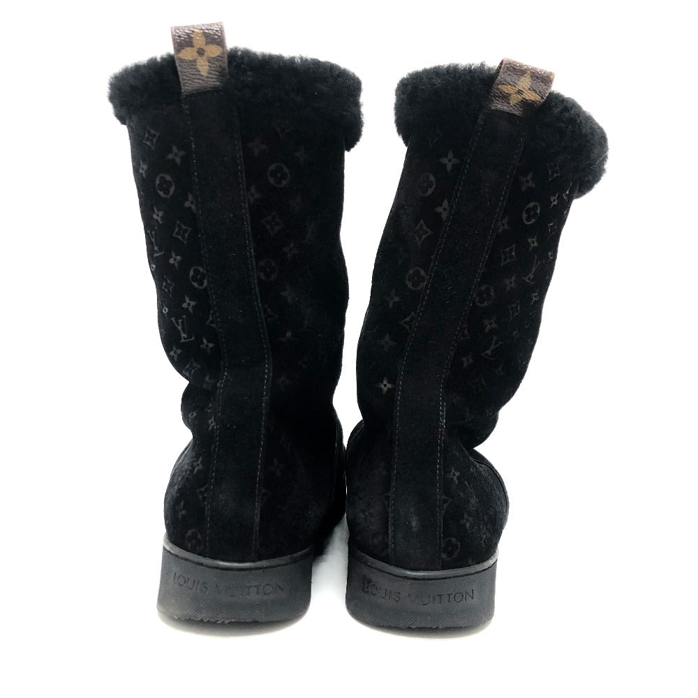 LOUIS VUITTON boots Mouton, Suede black LV logo flower embossed fur boa Women 36 Used Authentic