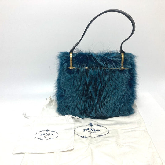 PRADA Shoulder Bag 1BA131 Fur, Leather blue fur Women Used Authentic