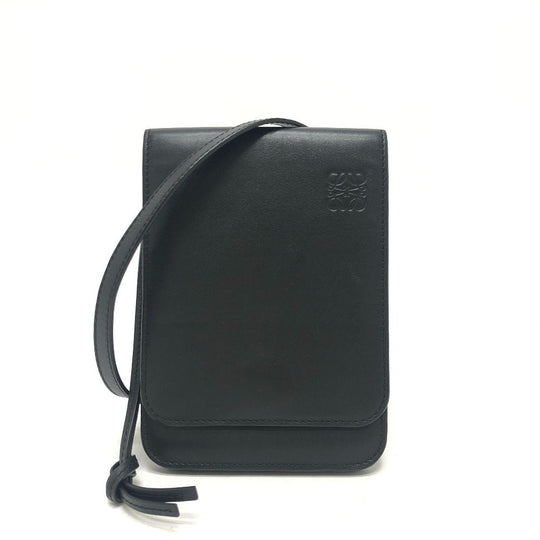 LOEWE Shoulder Bag leather black logo gusset flat Women Used Authentic