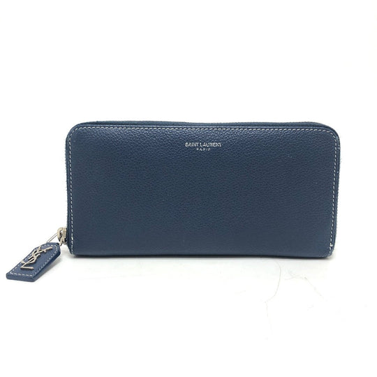 SAINT LAURENT PARIS Long Wallet Purse leather Navy Zip Around mens Used Authentic