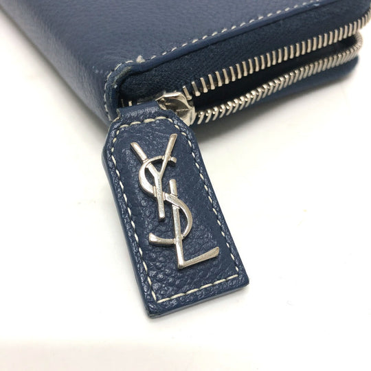 SAINT LAURENT PARIS Long Wallet Purse leather Navy Zip Around mens Used Authentic