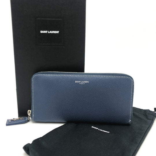 SAINT LAURENT PARIS Long Wallet Purse leather Navy Zip Around mens Used Authentic