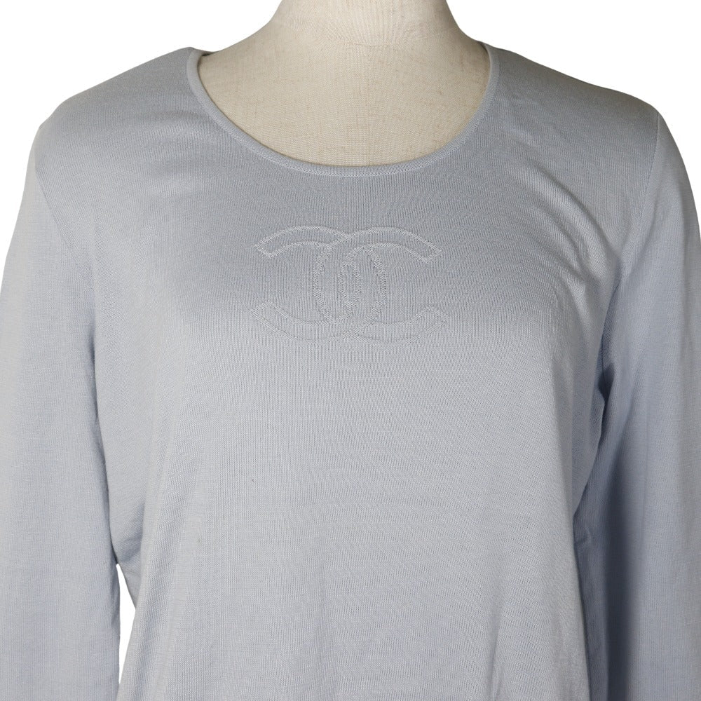 CHANEL knit P25278V01765 cotton light blue COCO Mark Women 46 Used Authentic