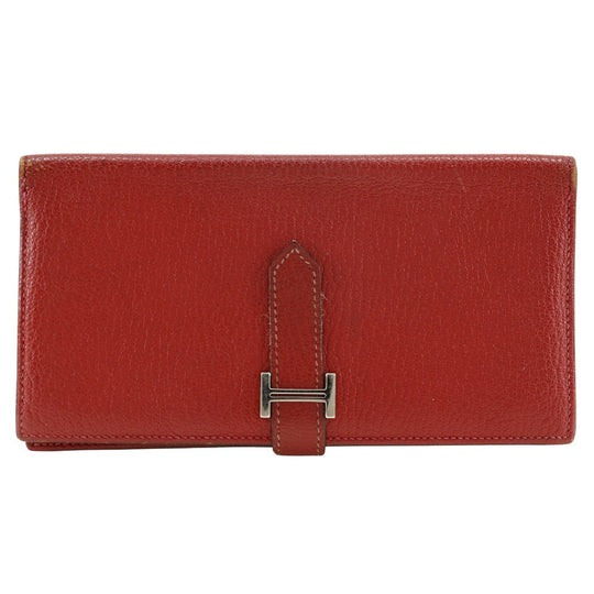 HERMES Bifold Wallet leather Red Beansufla Women Used Authentic