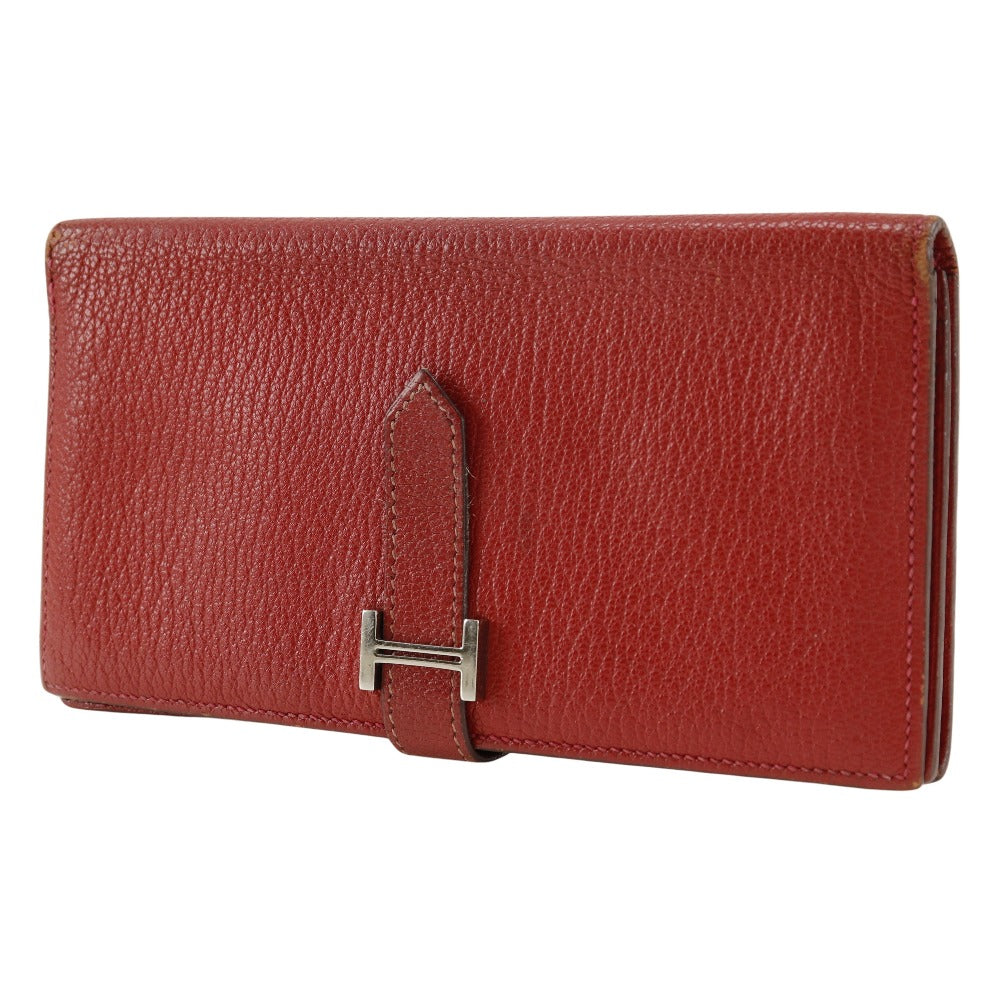 HERMES Bifold Wallet leather Red Beansufla Women Used Authentic