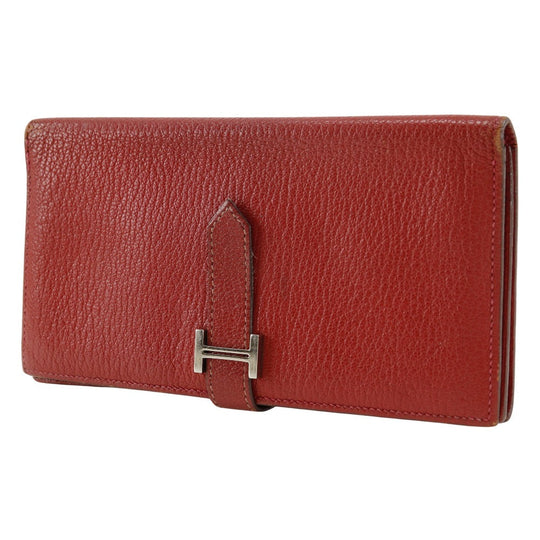 HERMES Bifold Wallet leather Red Beansufla Women Used Authentic