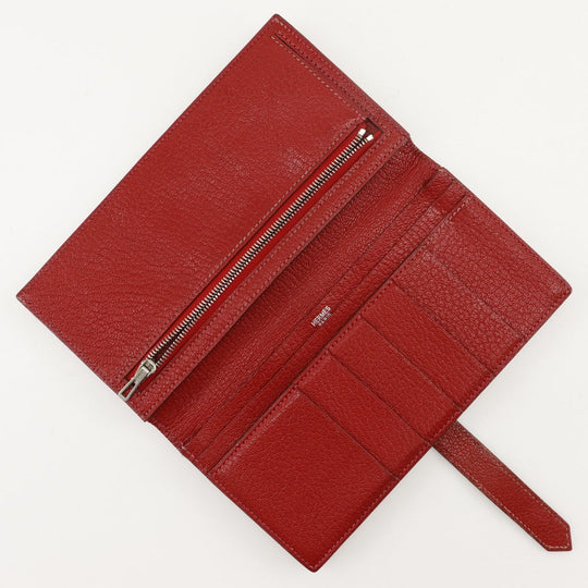 HERMES Bifold Wallet leather Red Beansufla Women Used Authentic