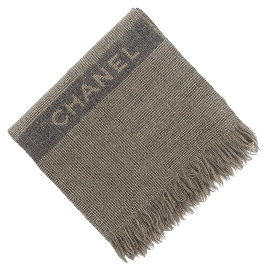 CHANEL Scarf wool Gray / beige logo unisex(Unisex) Used Authentic