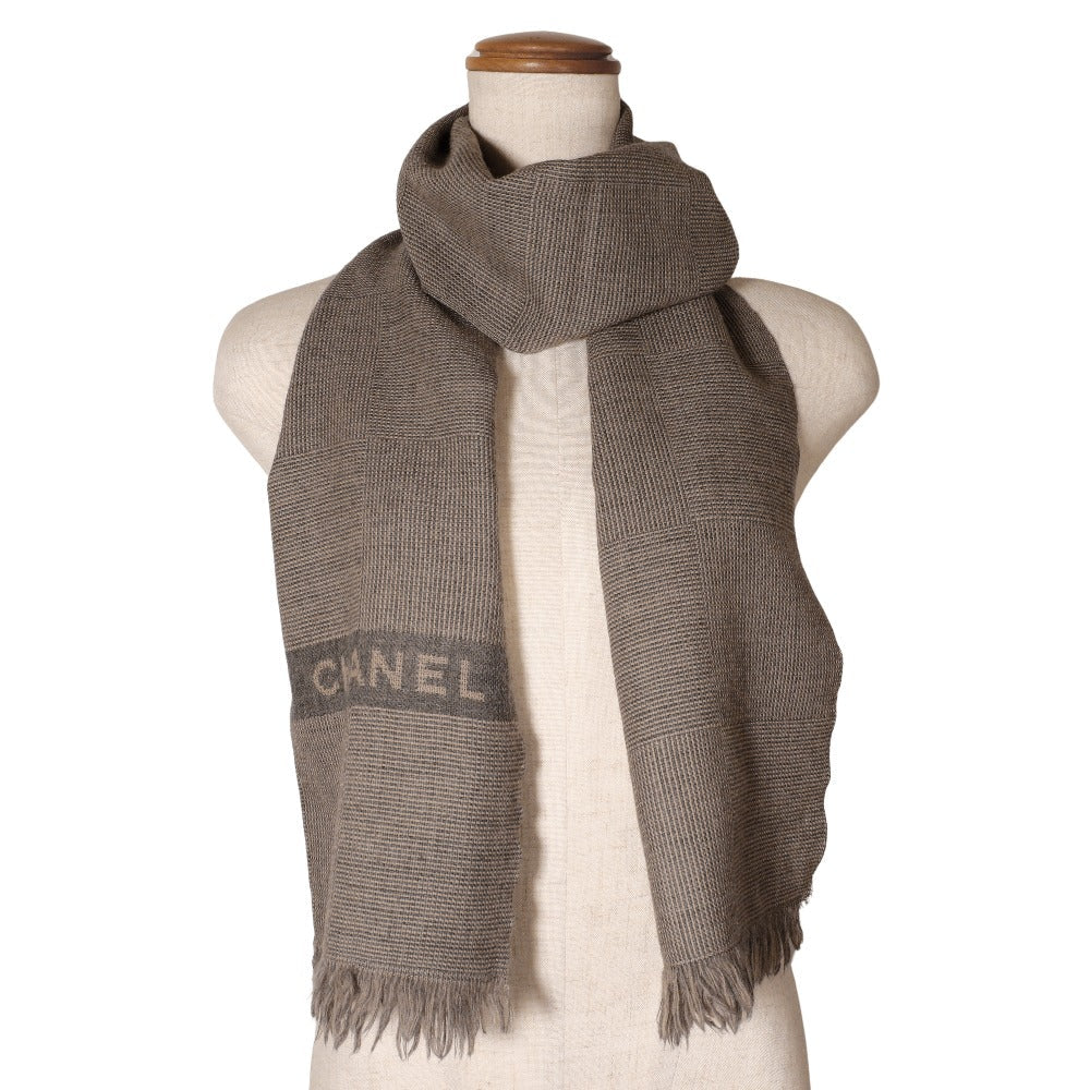 CHANEL Scarf wool Gray / beige logo unisex(Unisex) Used Authentic