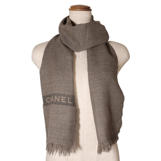 CHANEL Scarf wool Gray / beige logo unisex(Unisex) Used Authentic