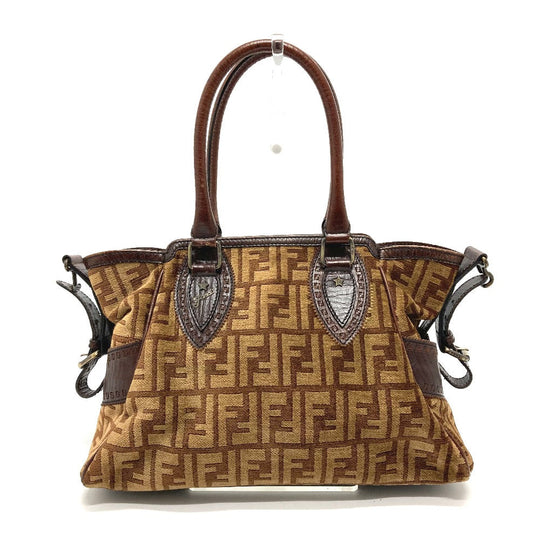 FENDI Handbag Leather / suede Brown ZUCCA FFPattern logo Etnico Women Used Authentic
