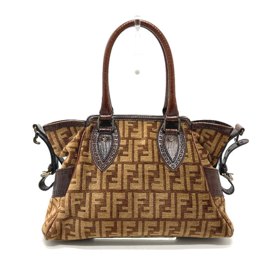 FENDI Handbag Leather / suede Brown ZUCCA FFPattern logo Etnico Women Used Authentic