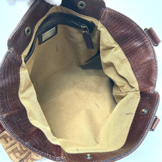 FENDI Handbag Leather / suede Brown ZUCCA FFPattern logo Etnico Women Used Authentic