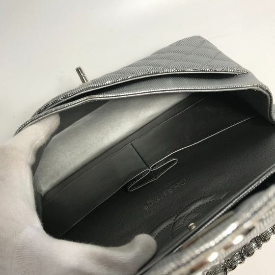 CHANEL Shoulder Bag leather Silver COCO Mark CC Matrasse 25 Women Used Authentic